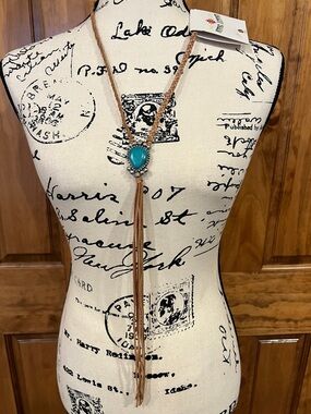 Crazy Train Turquoise Teardrop Leather Tassel Necklace